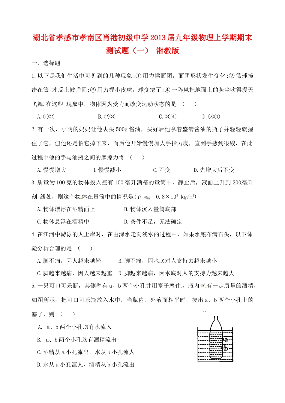 九年级物理上学期期末测试卷(一) 湘教版试卷_第1页