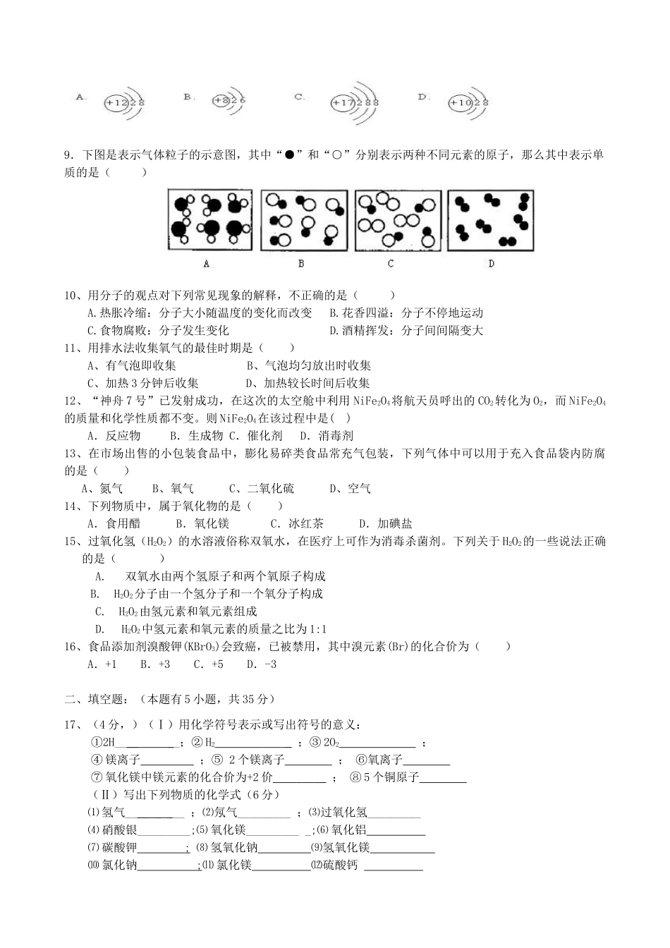 九年级化学上学期中段考试试卷 新人教版试卷_第2页