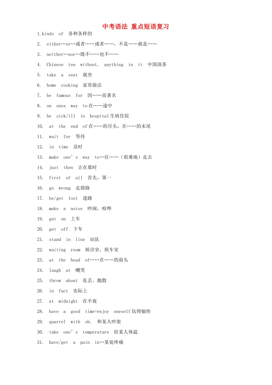 中考语法 重点短语复习 新课标 人教版试卷_第1页