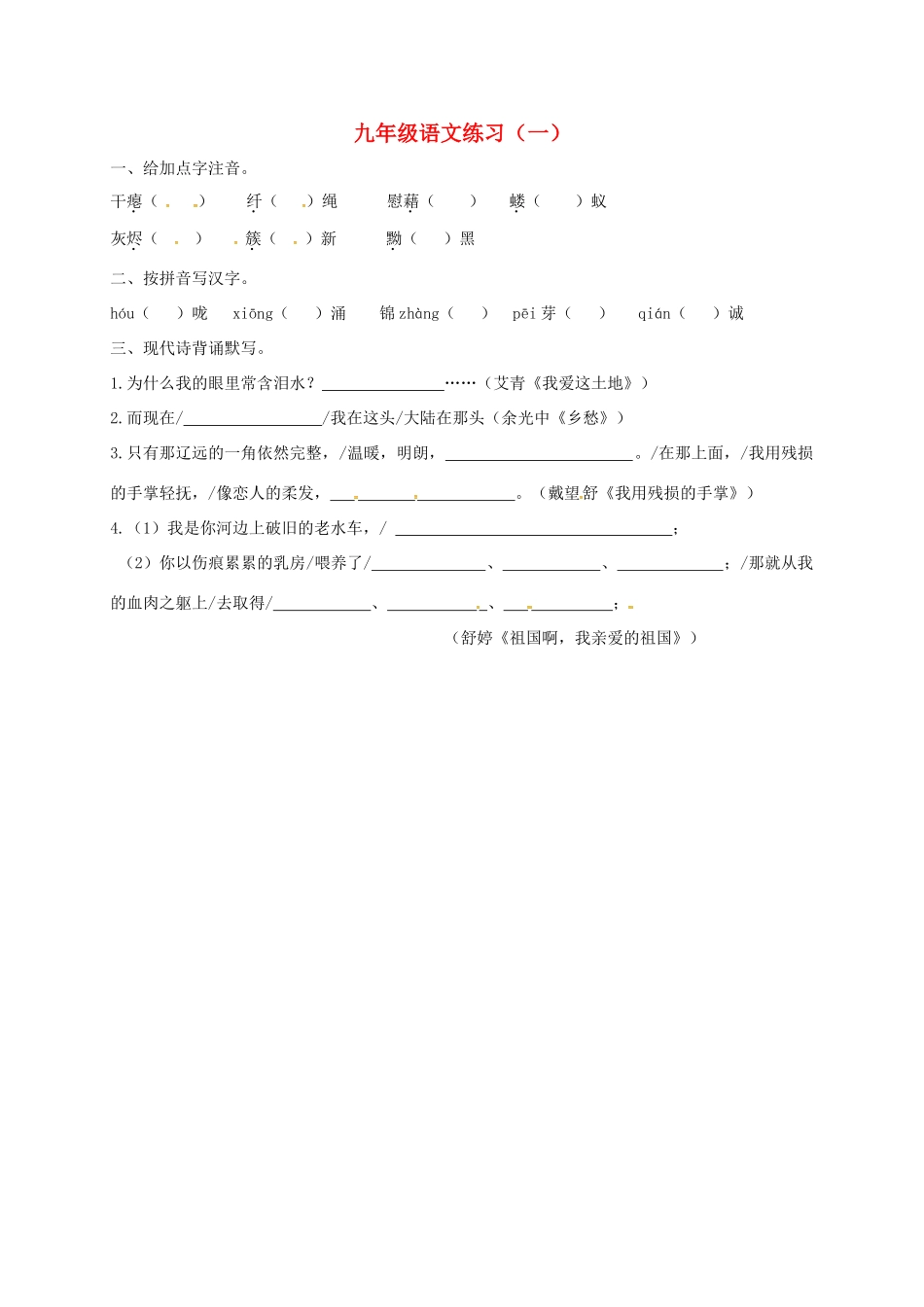 中考语文复习 九(下)词汇作家作品诗文默写1试卷_第1页