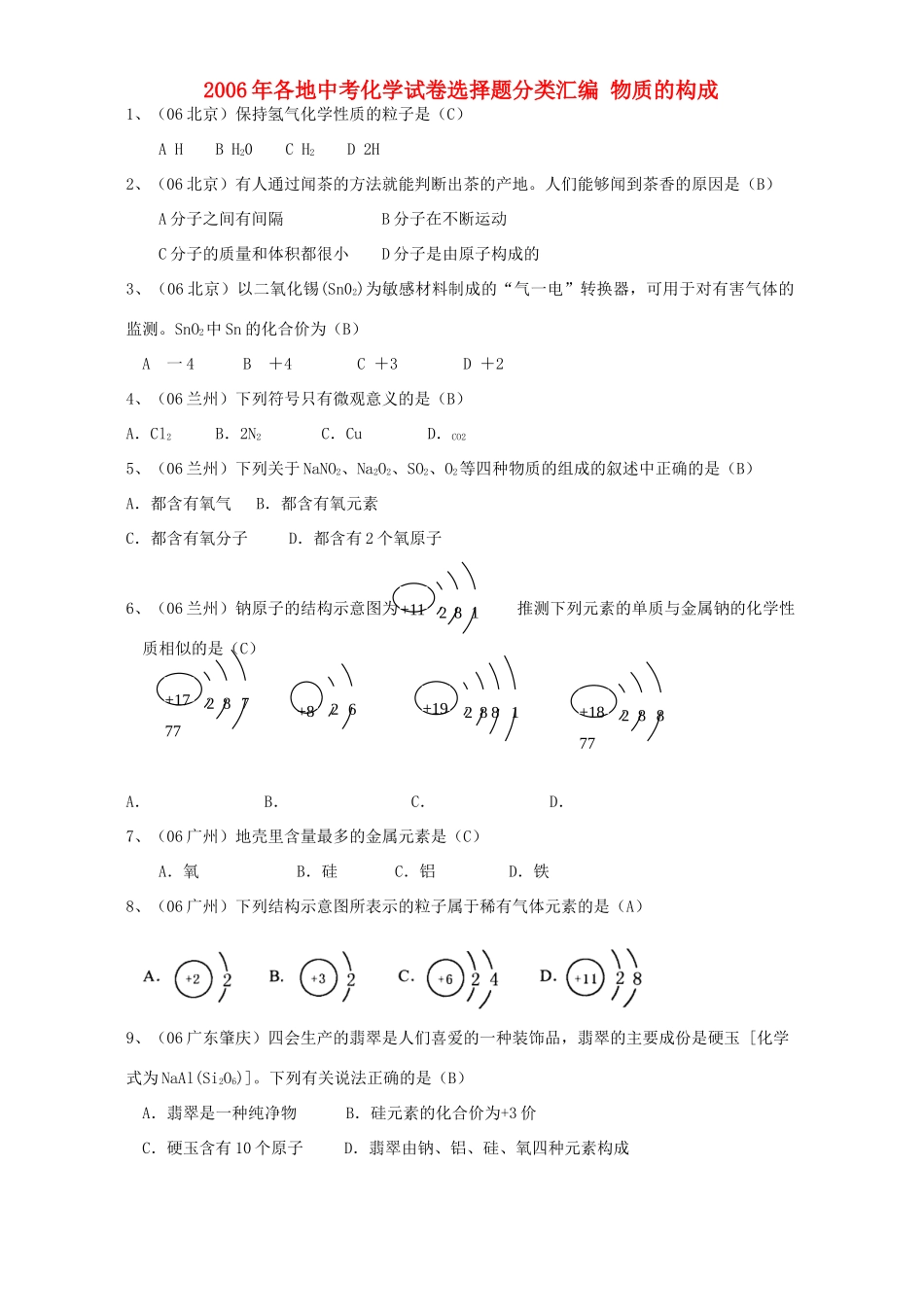 各地中考化学试卷选择题分类汇编 物质的构成 新课标 人教版试卷_第1页