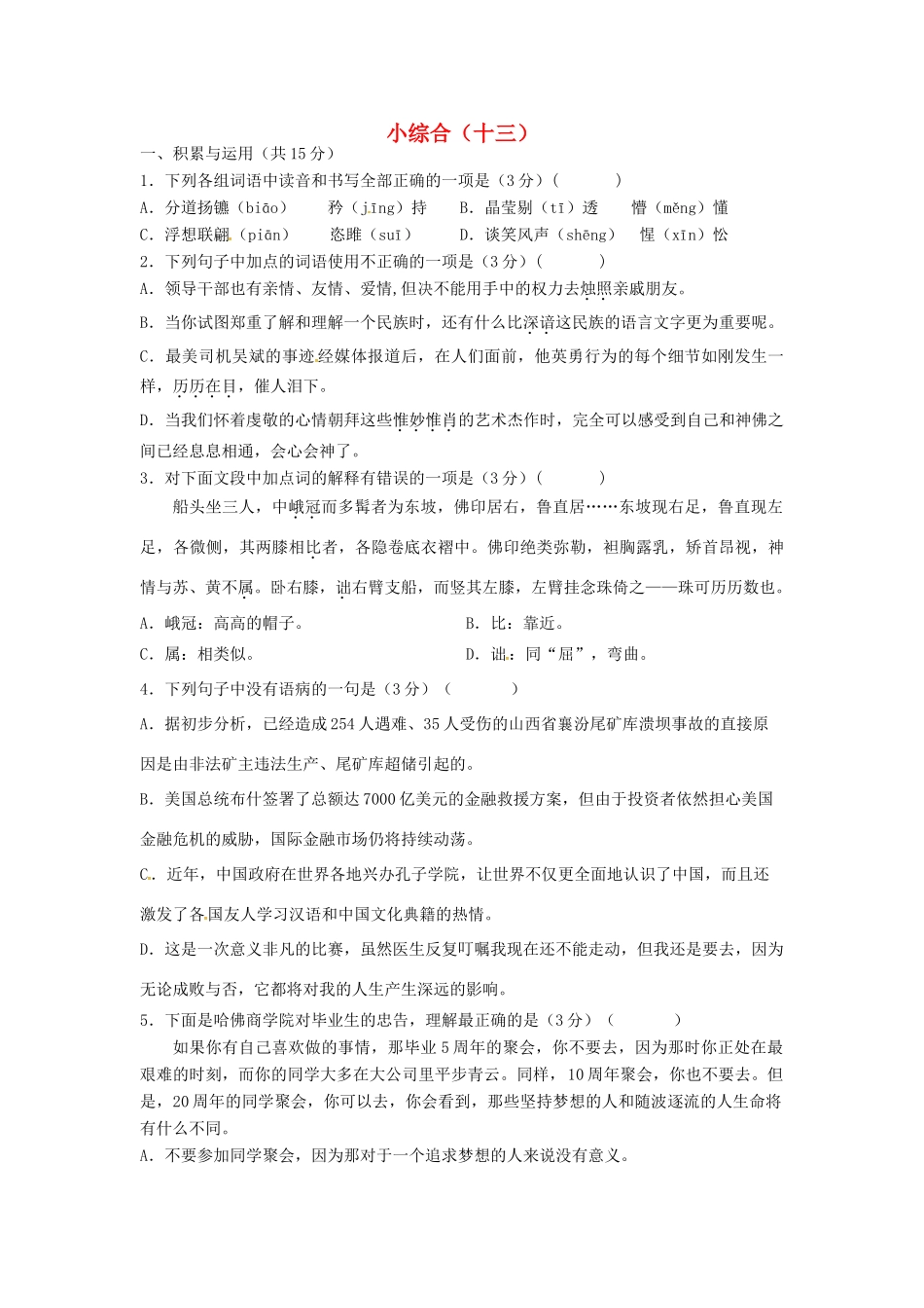 中考语文第二轮复习 小综合(十三)试卷_第1页