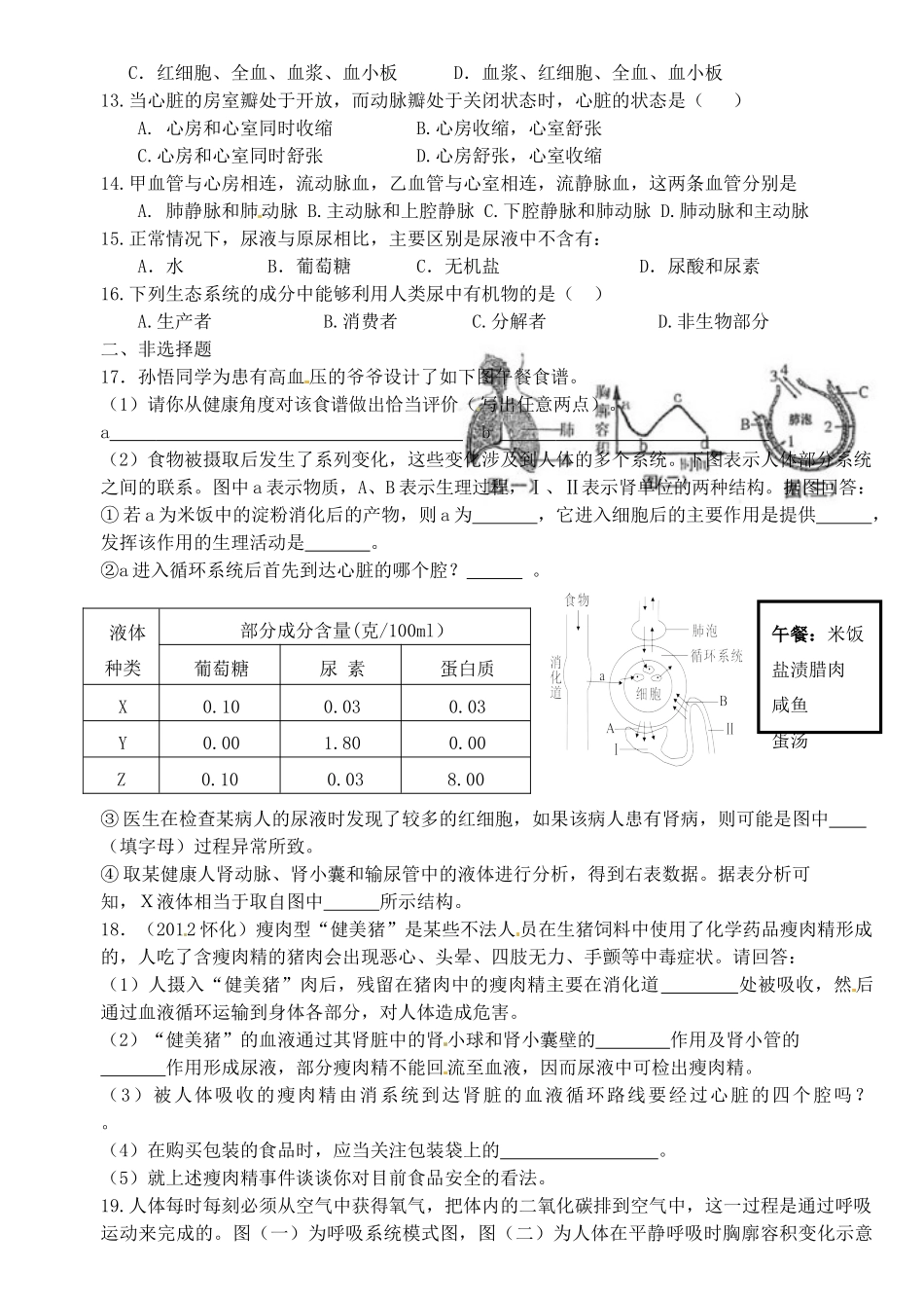 九年级下册 专题训练四 生物圈中的人 新人教版试卷_第2页