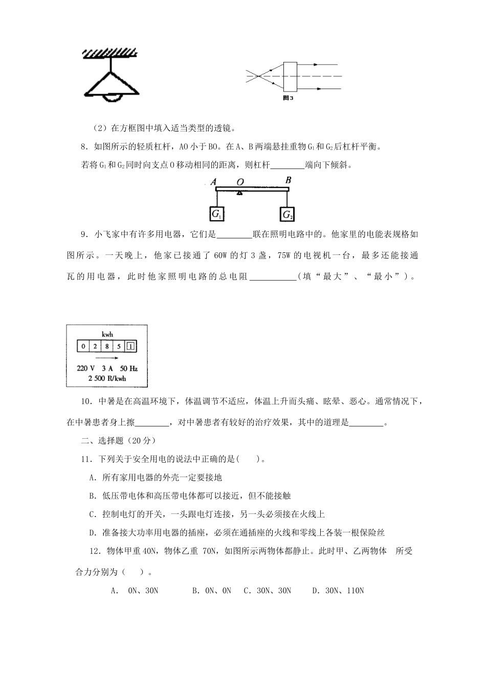 初三物理毕业考试模拟考试卷 新课标 上科版 试题_第2页