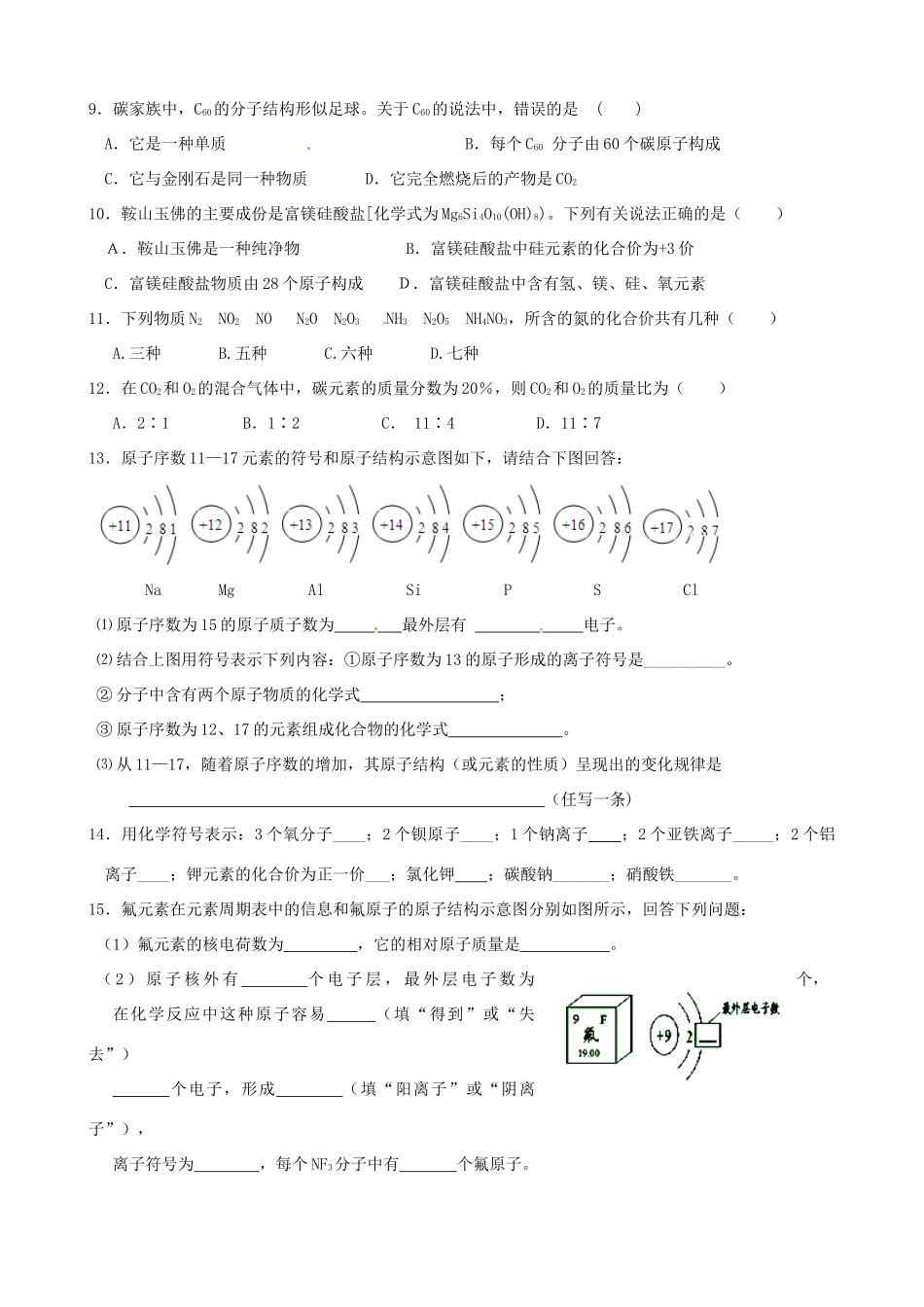九年级化学 物质组成和结构专题训练试卷_第2页