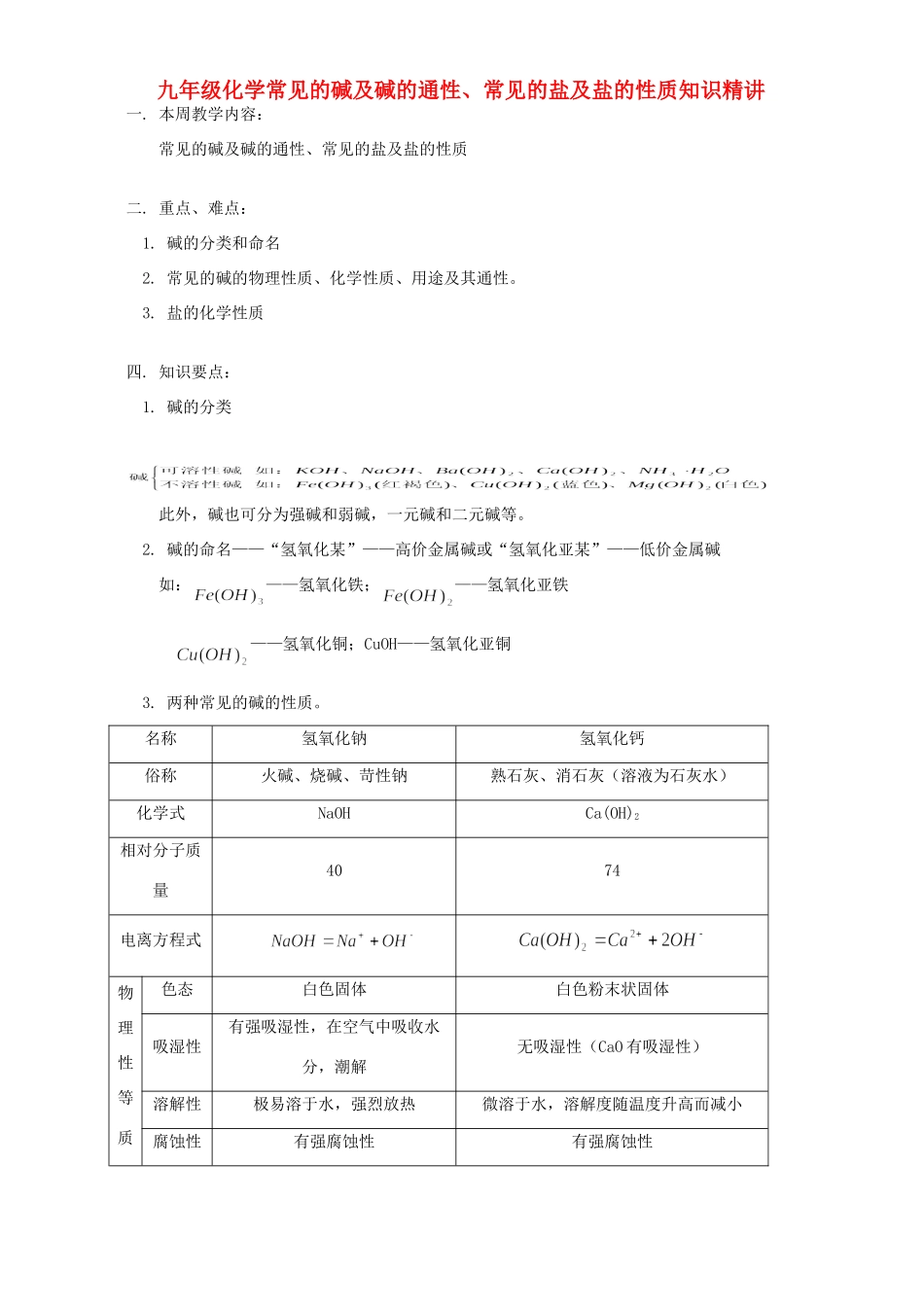 九年级化学常见的碱及碱的通性、常见的盐及盐的性质知识精讲 人教四年制版试卷_第1页