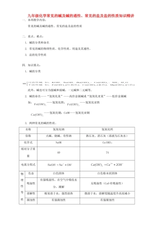 九年级化学常见的碱及碱的通性、常见的盐及盐的性质知识精讲 人教四年制版试卷