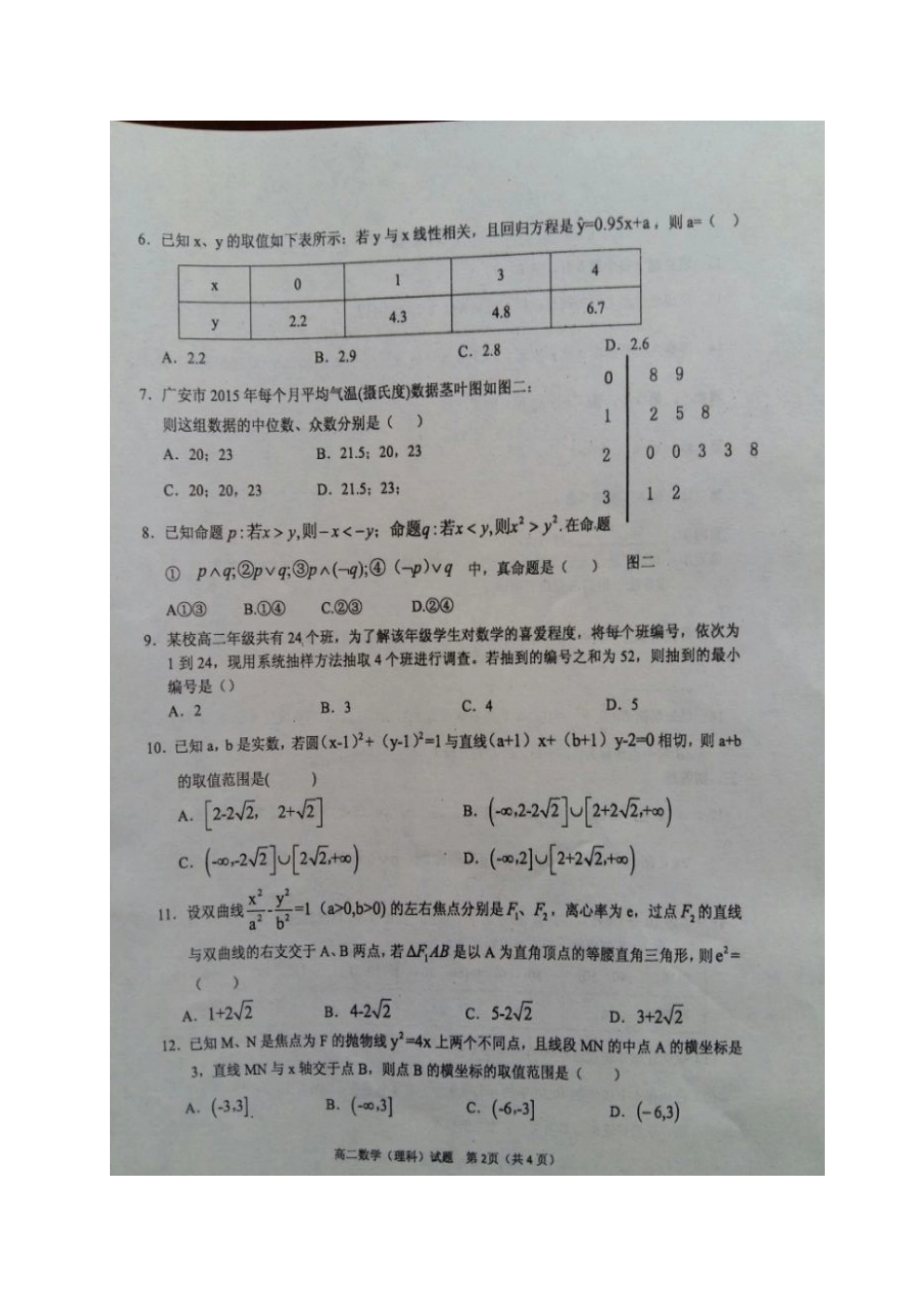 四川省广安市邻水县、岳池县、前锋区 高二数学上学期期末联考试卷 理试卷_第2页