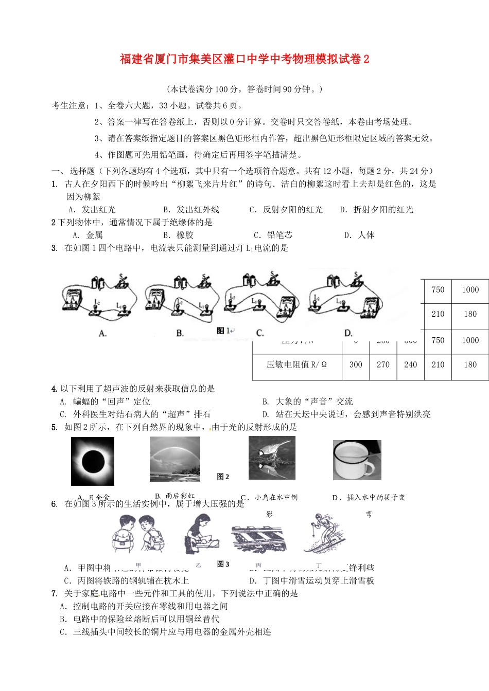 中考物理模拟试卷2 沪科版试卷_第1页