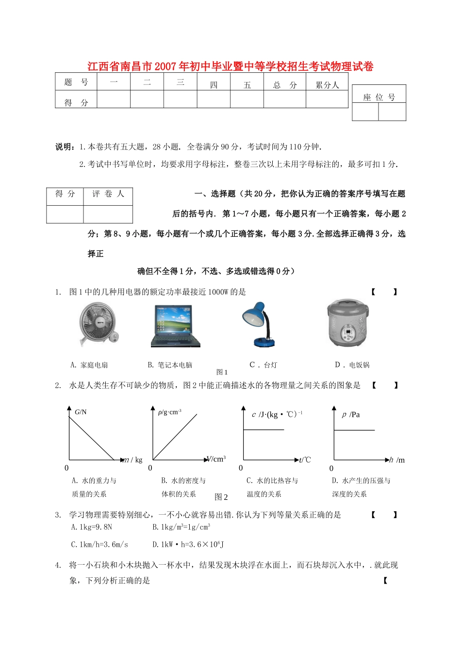 初中毕业暨中等学校招生考试物理试卷 试题_第1页