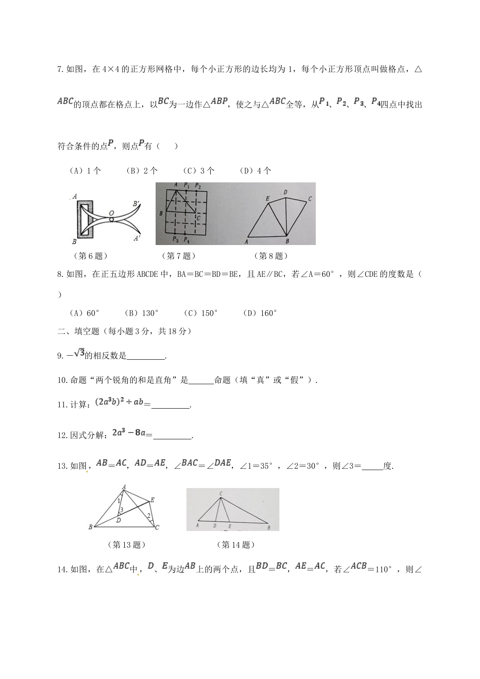 吉林省德惠市 八年级数学上学期期中测试试卷 华东师大版试卷_第2页