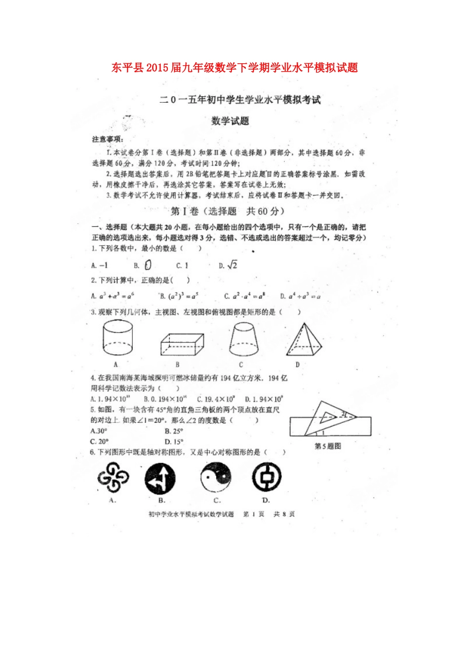 九年级数学下学期学业水平模拟试卷试卷_第1页