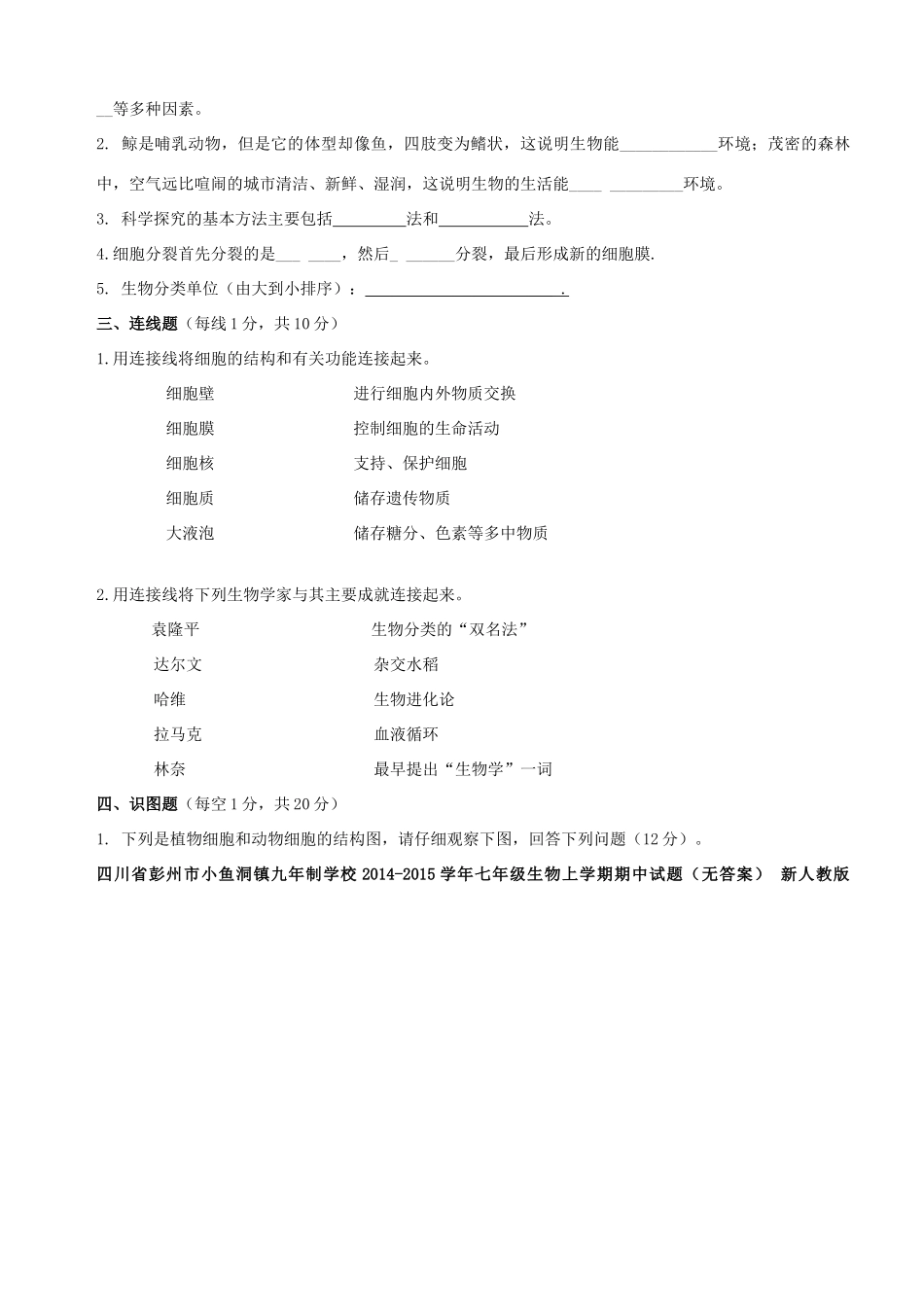 四川省彭州市小鱼洞镇九年制学校七年级生物上学期期中试卷 新人教版试卷_第3页