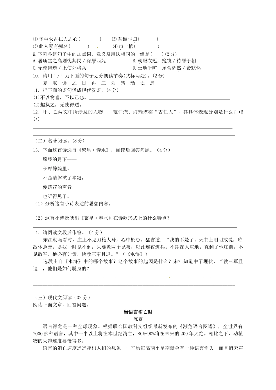 九年九年级语文下学期期末测试卷 新人教版试卷_第3页