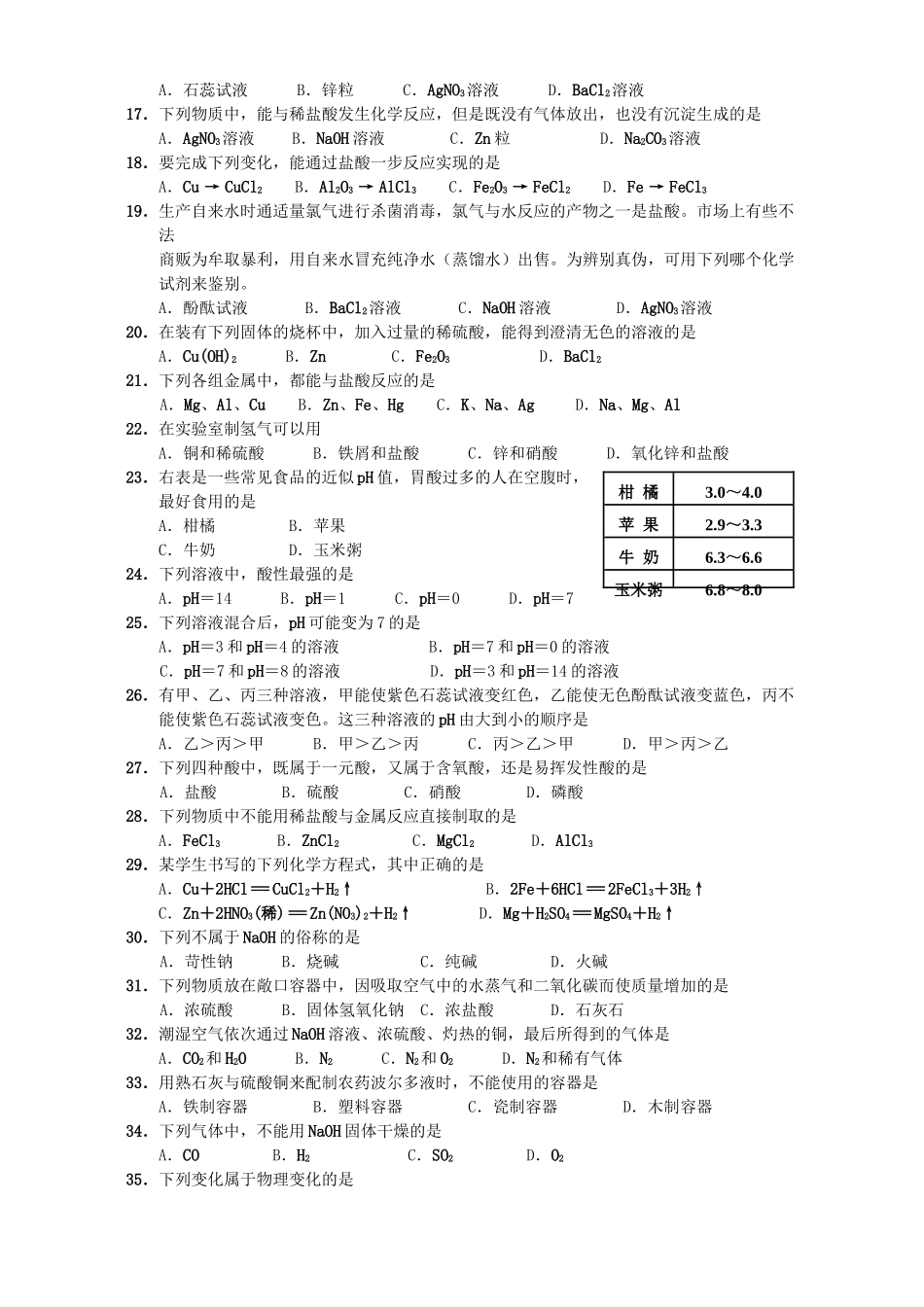 九年级化学第八章酸碱盐 化肥单元测试 粤教版试卷_第2页