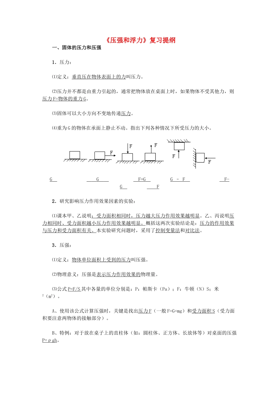 九年级物理 压强和浮力复习提纲 人教新课标版试卷_第1页