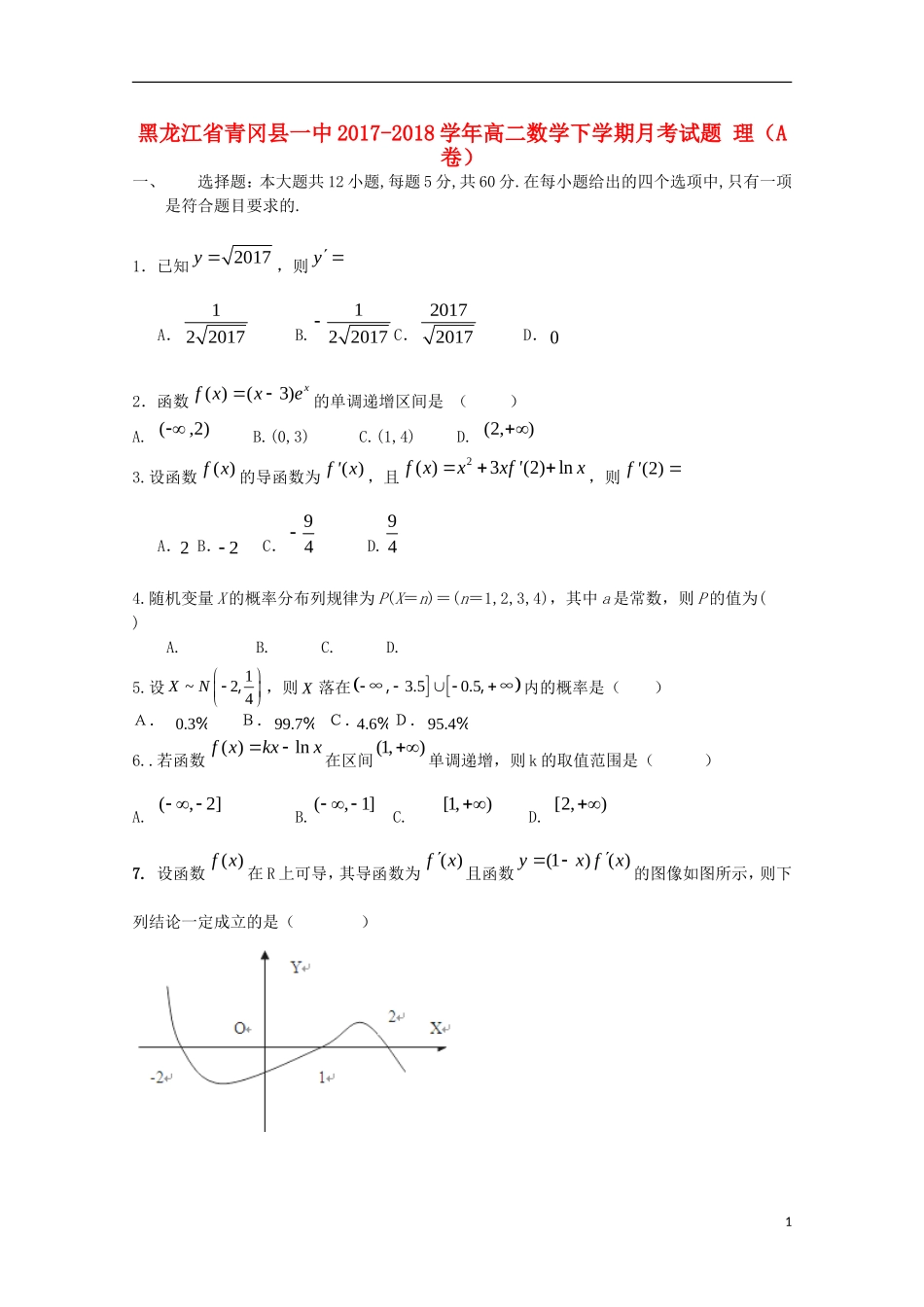 黑龙江省青冈县一中高二数学下学期月考试题 理（A卷）-人教版高二全册数学试题_第1页