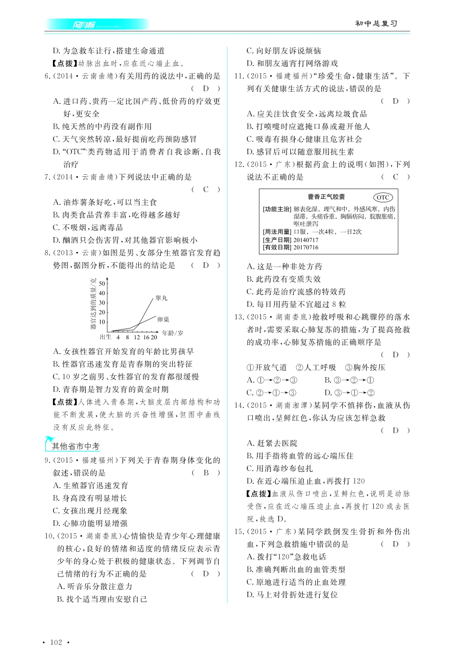 中考生物总复习 第十部分 健康地生活 专题二十三 健康的生活和医学常识真题试练及限时检测(pdf)试卷_第2页