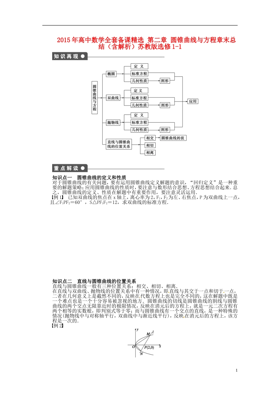 高中数学 第二章 圆锥曲线与方程章末总结（含解析）苏教版选修1-1-苏教版高二选修1-1数学试题_第1页