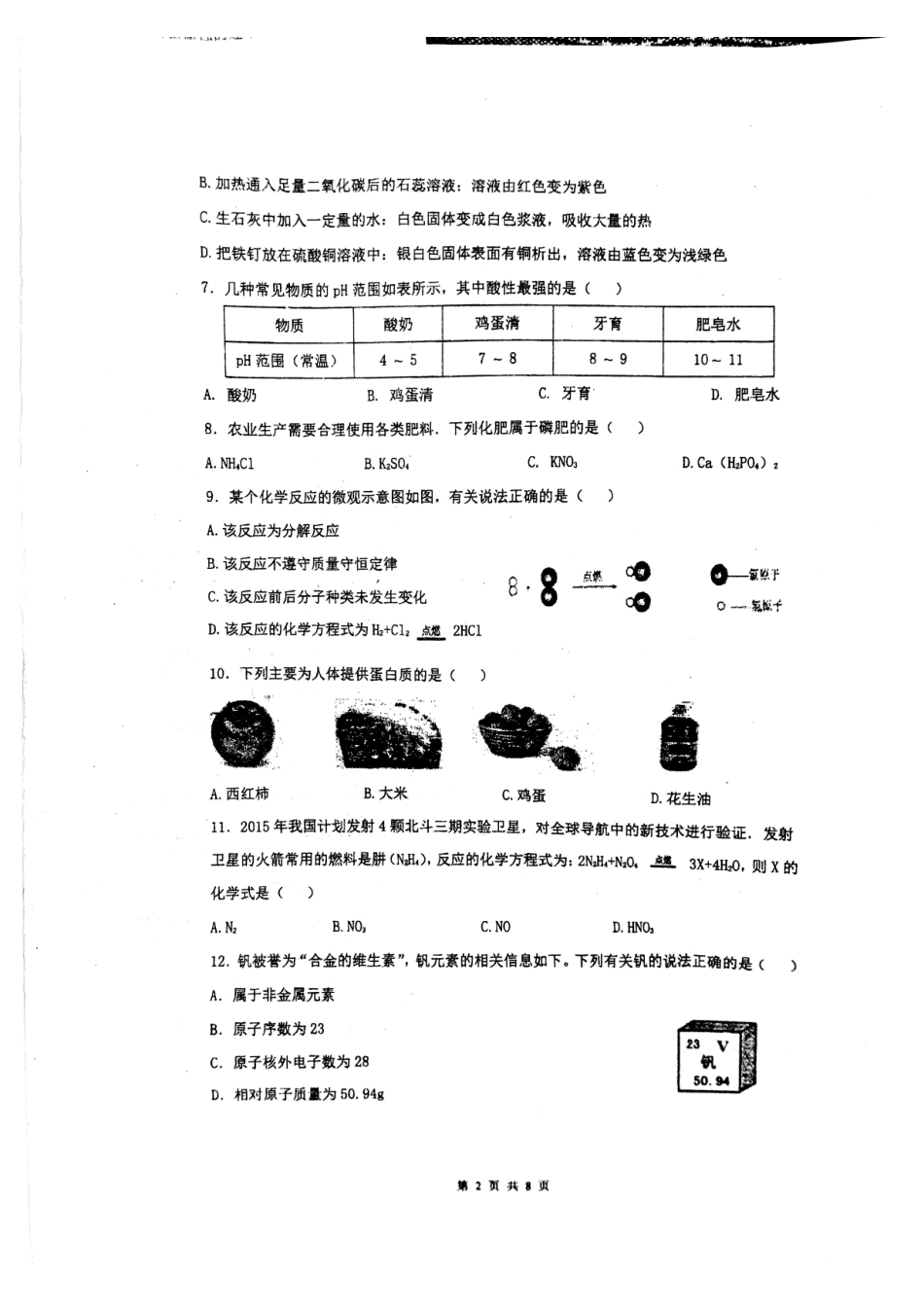 九年级化学下学期第二次模拟考试试卷(pdf)试卷_第2页