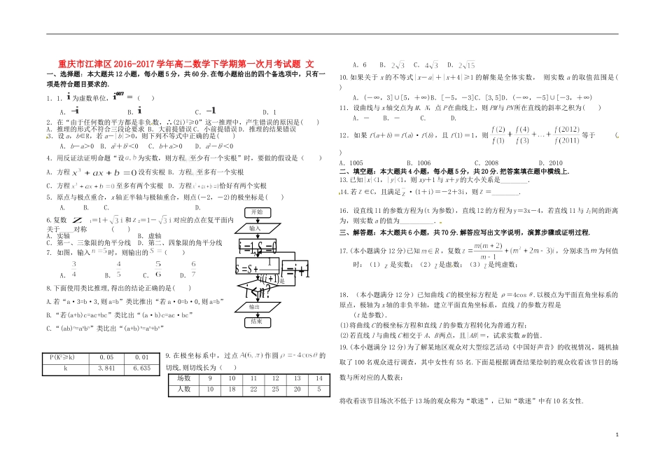 重庆市江津区高二数学下学期第一次月考试题 文-人教版高二全册数学试题_第1页