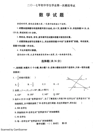 九年级数学下学期第一次模拟试卷(pdf)试卷