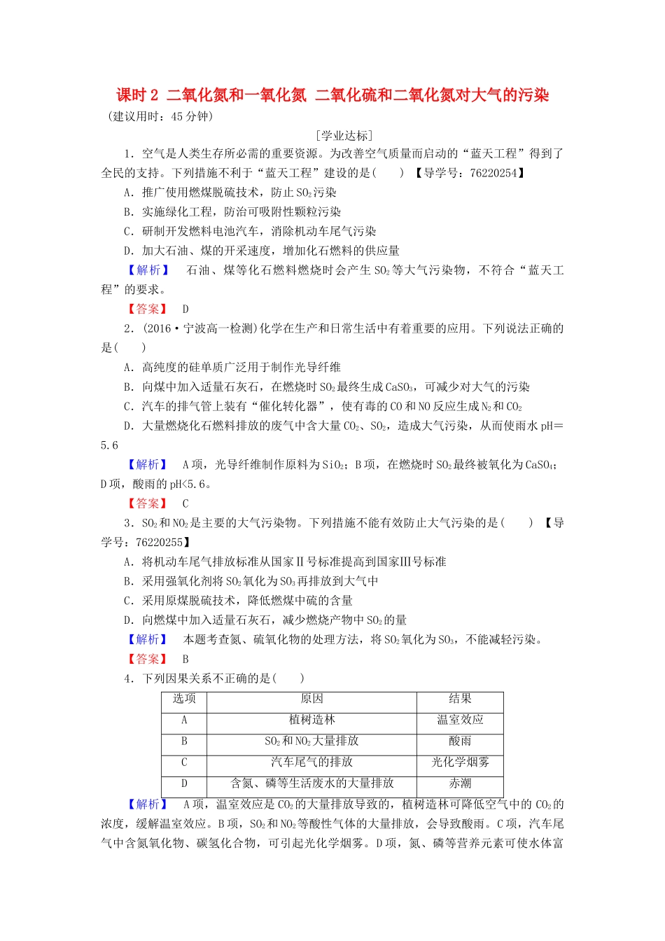 高中化学 第4章 非金属及其化合物 第3节 硫和氮的氧化物 课时2 二氧化氮和一氧化氮 二氧化硫和二氧化氮对大气的污染学业分层测评 新人教版必修1-新人教版高一必修1化学试题_第1页