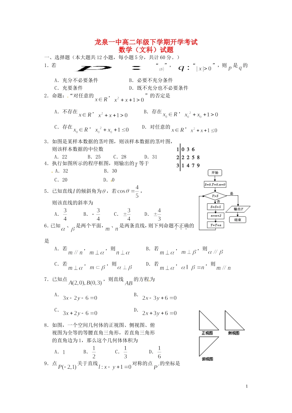 高二数学下学期入学考试试题 文-人教版高二全册数学试题_第1页