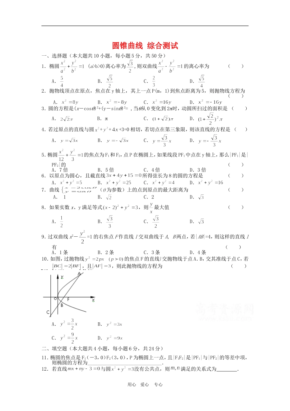 高二数学下：第12章《圆锥曲线》测试（沪教版）_第1页