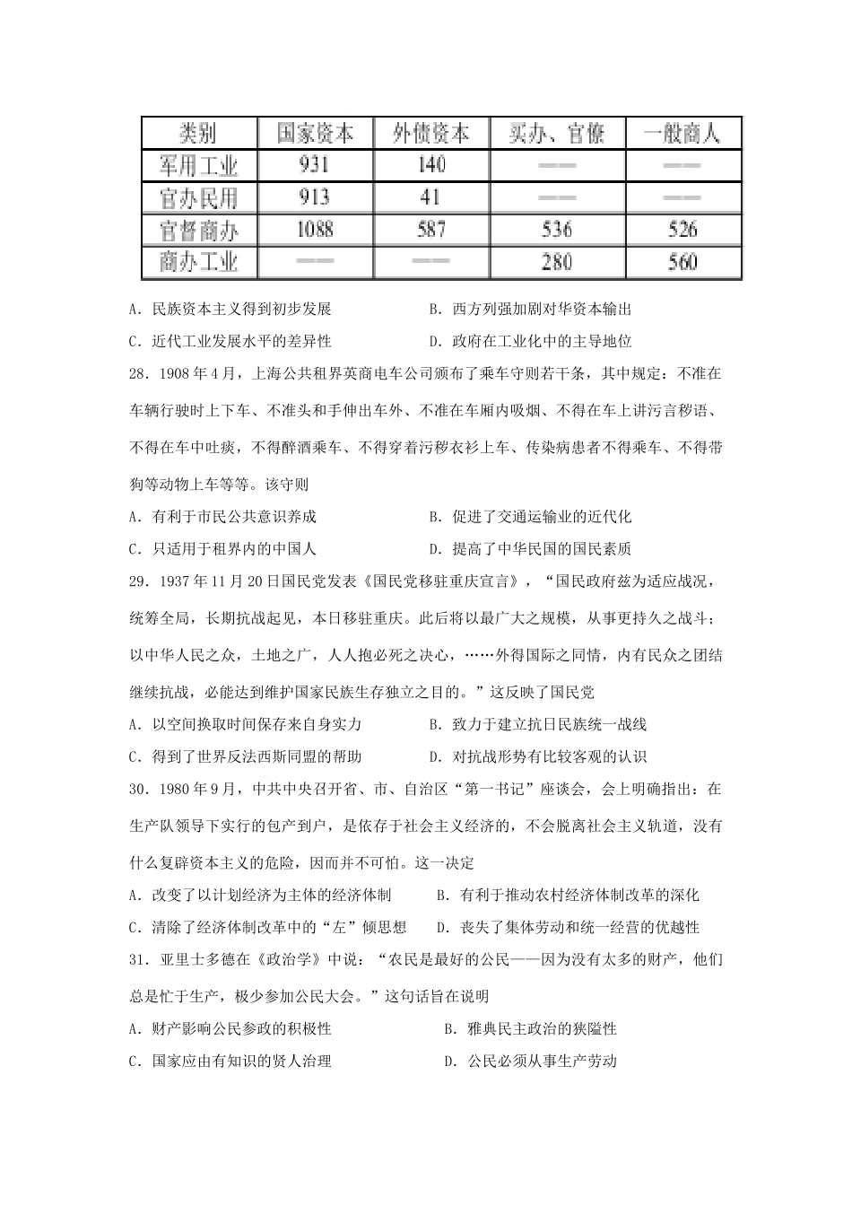 黑龙江省哈尔滨市高三历史下学期第三次模拟考试试题-人教版高三全册历史试题_第2页