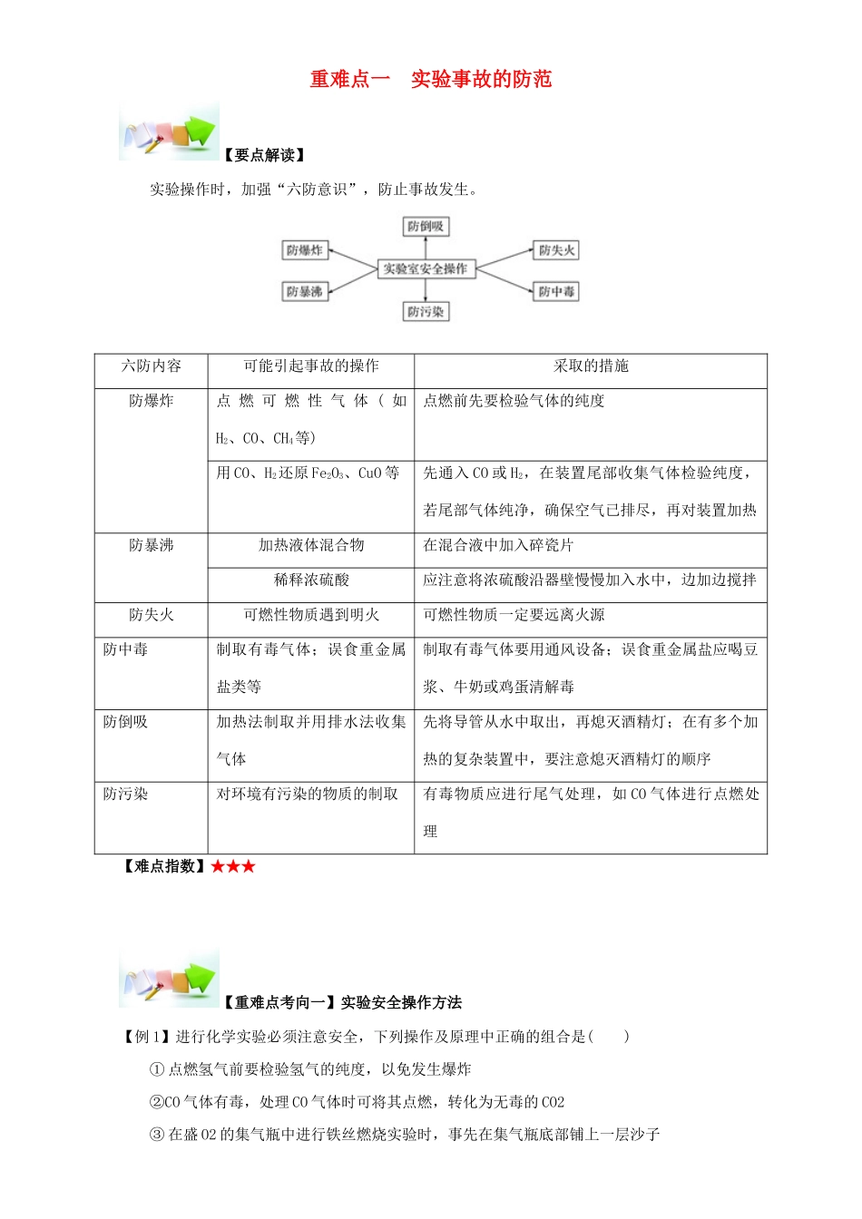 高中化学 第一章 从实验学化学 重难点一 实验事故的防范（含解析）新人教版必修1-新人教版高一必修1化学试题_第1页