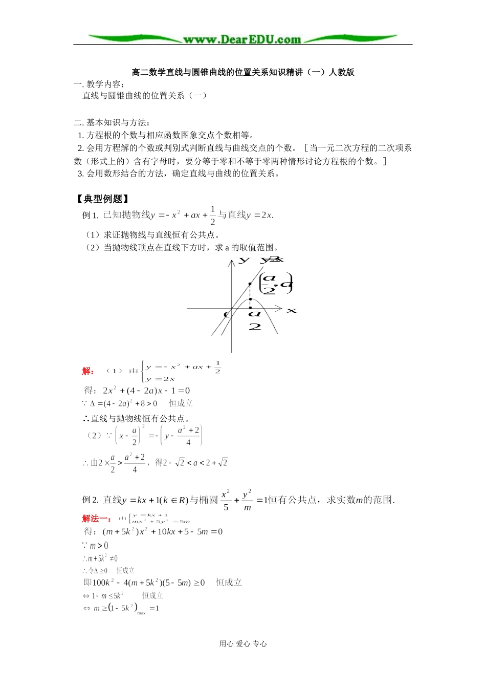 高二数学直线与圆锥曲线的位置关系知识精讲（一）人教版_第1页