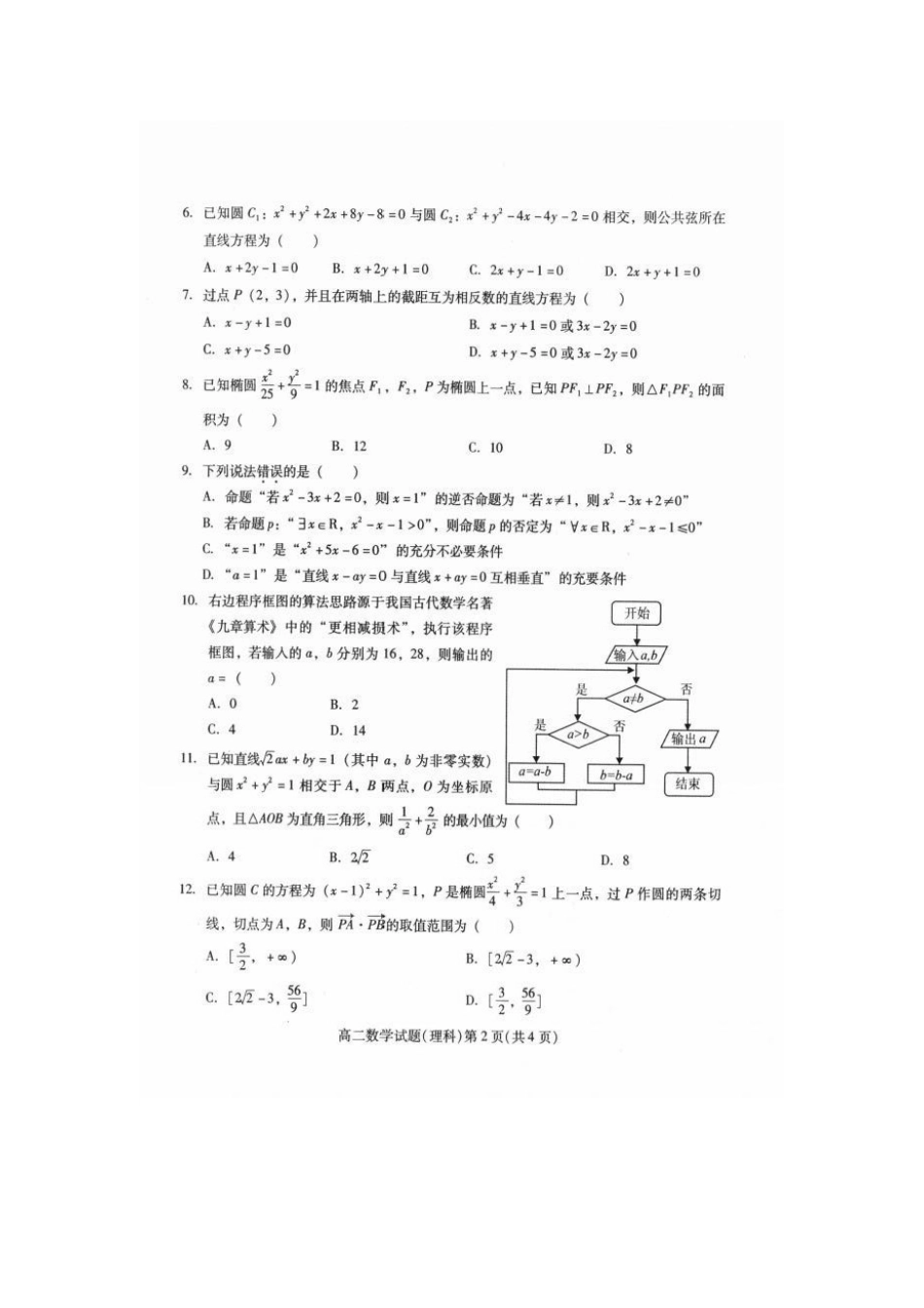 四川省南充市 高二数学上学期期末考试试卷 理试卷_第2页
