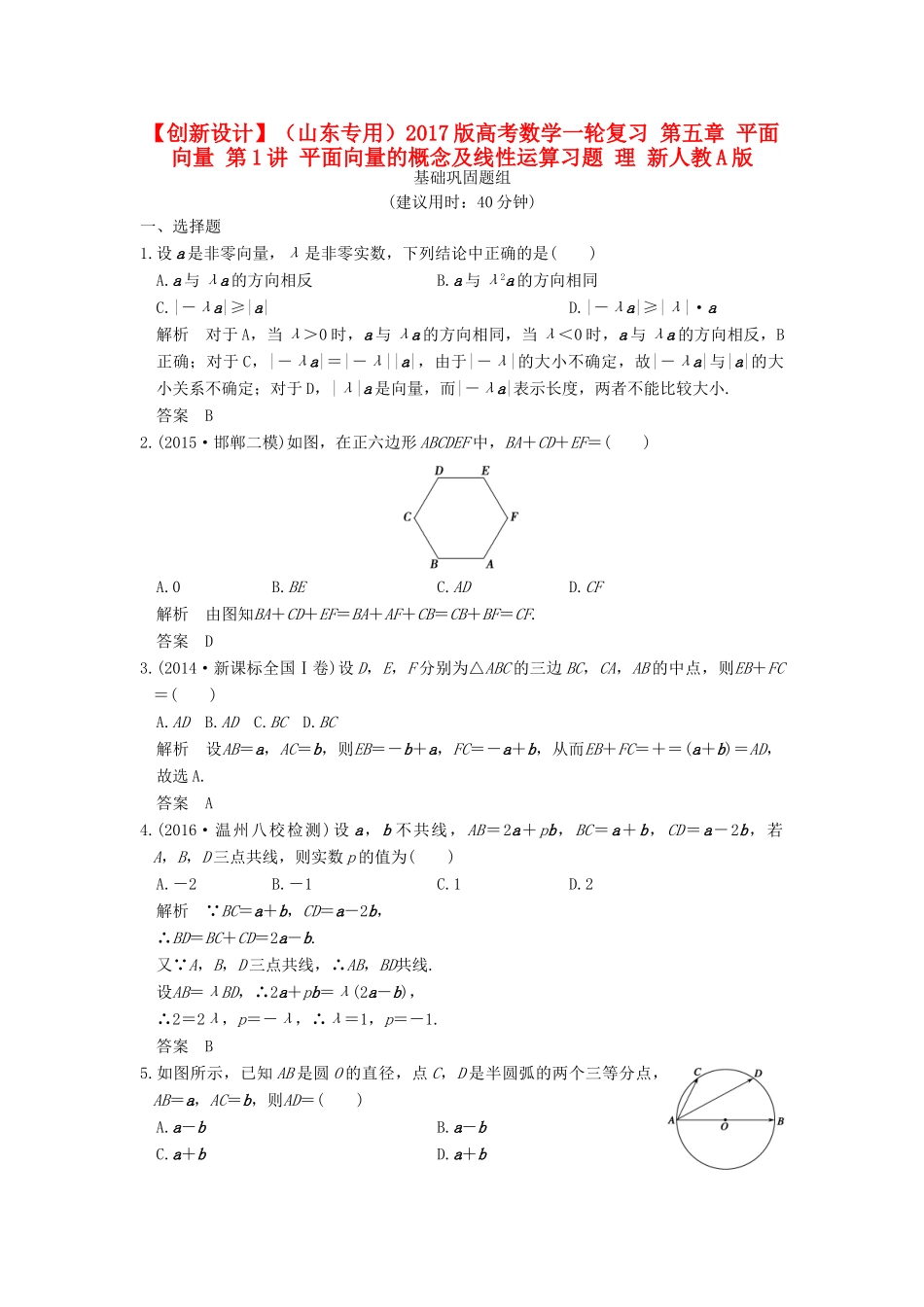 （山东专用）高考数学一轮复习 第五章 平面向量 第1讲 平面向量的概念及线性运算习题 理 新人教A版-新人教A版高三全册数学试题_第1页