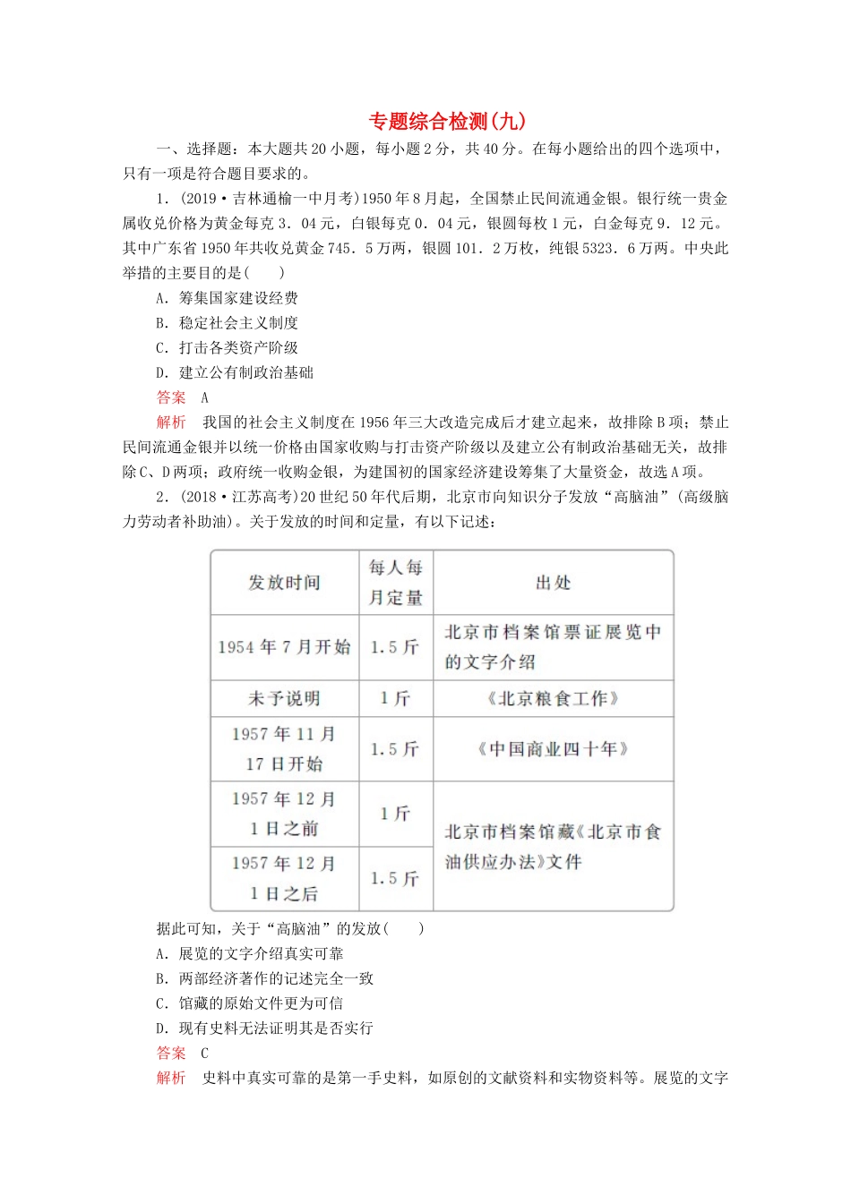 （新课标）高考历史一轮复习 专题综合检测 专题九 中国特色社会主义建设的道路（含解析）-人教版高三全册历史试题_第1页