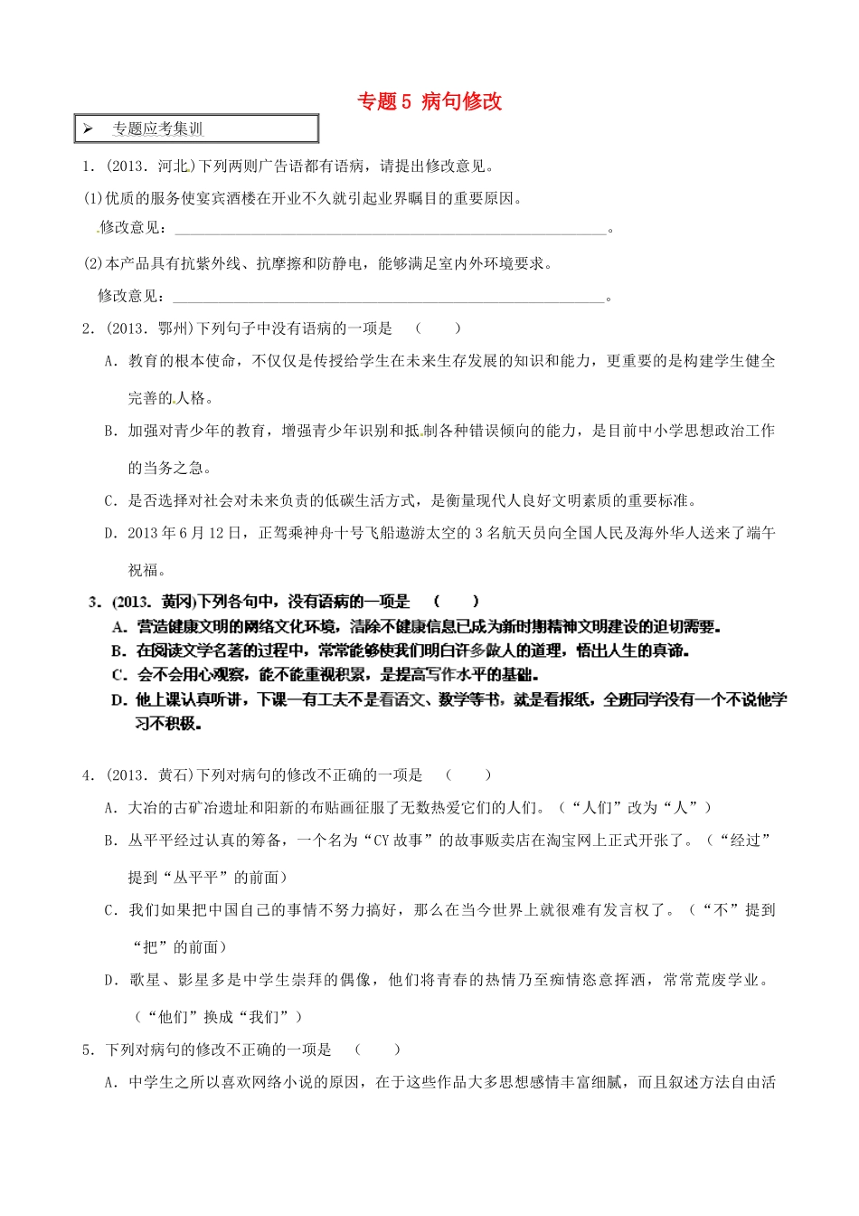 中考语文专题迎考集训 专题5 病句修改试卷_第1页