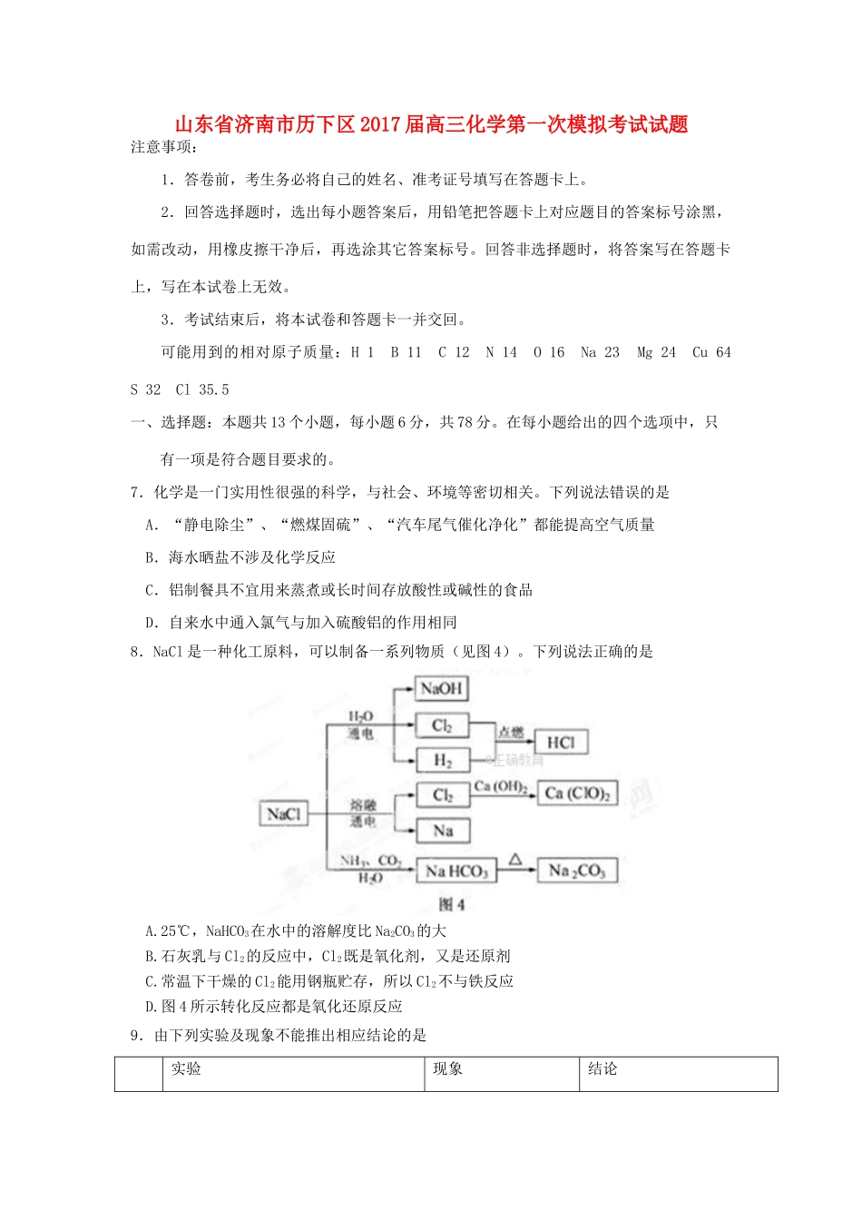 山东省济南市历下区高三化学第一次模拟考试试题-人教版高三全册化学试题_第1页