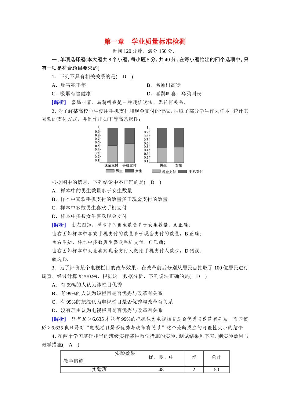 高中数学 第一章 统计案例学业质量标准检测作业（含解析）新人教A版选修1-2-新人教A版高二选修1-2数学试题_第1页