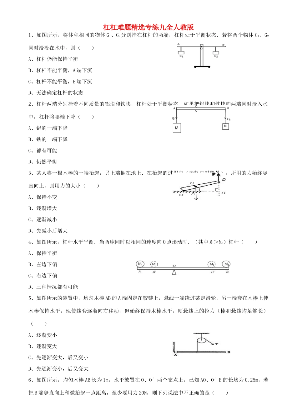 九年级物理 杠杠难题精选专练 人教新课标版试卷_第1页