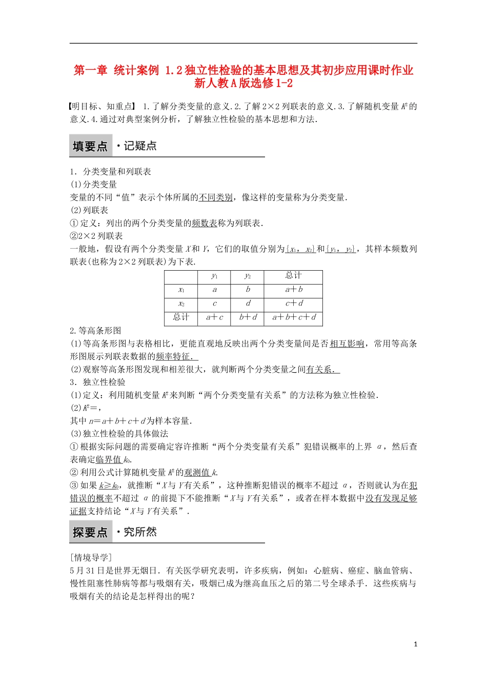 高中数学 第一章 统计案例 1.2独立性检验的基本思想及其初步应用课时作业 新人教A版选修1-2-新人教A版高二选修1-2数学试题_第1页