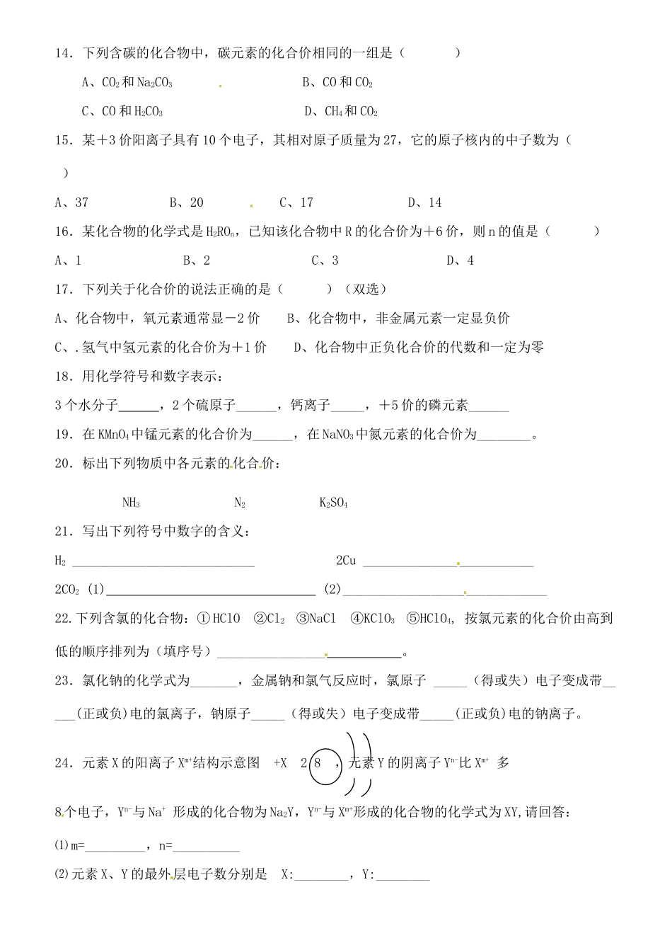 九年级化学 化学式和化合价专题训练试卷_第3页