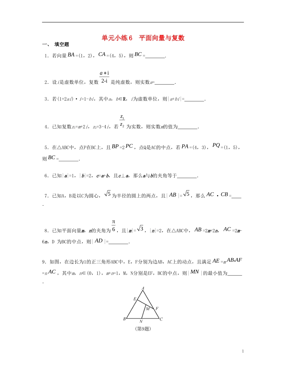 （江苏专用）高考数学大一轮复习 第六章 平面向量与复数单元小练 文-人教版高三全册数学试题_第1页