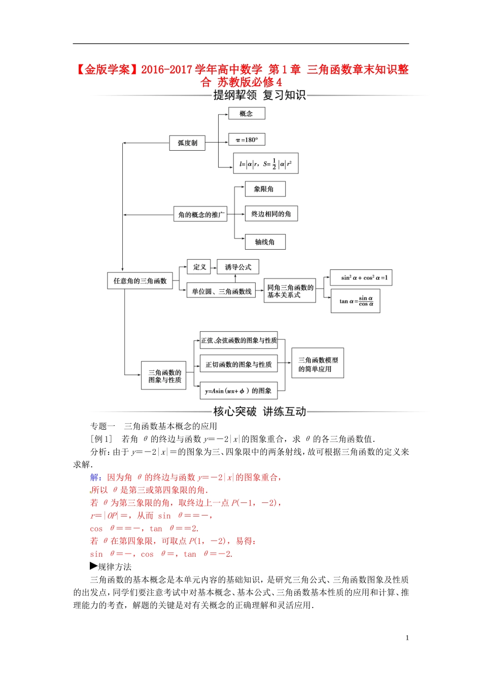 高中数学 第1章 三角函数章末知识整合 苏教版必修4-苏教版高二必修4数学试题_第1页