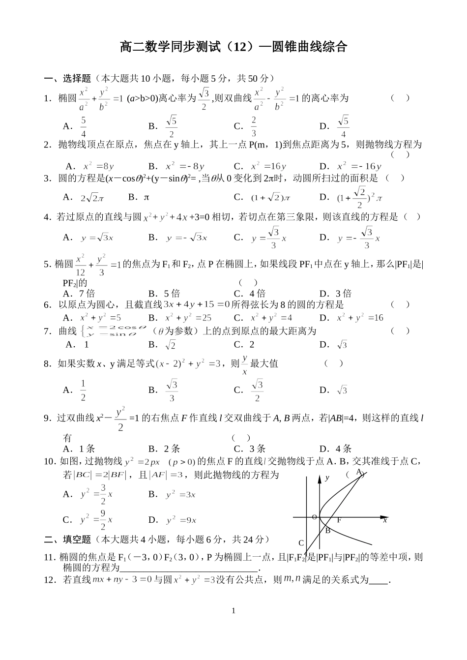 高二数学同步测试—圆锥曲线综合_第1页