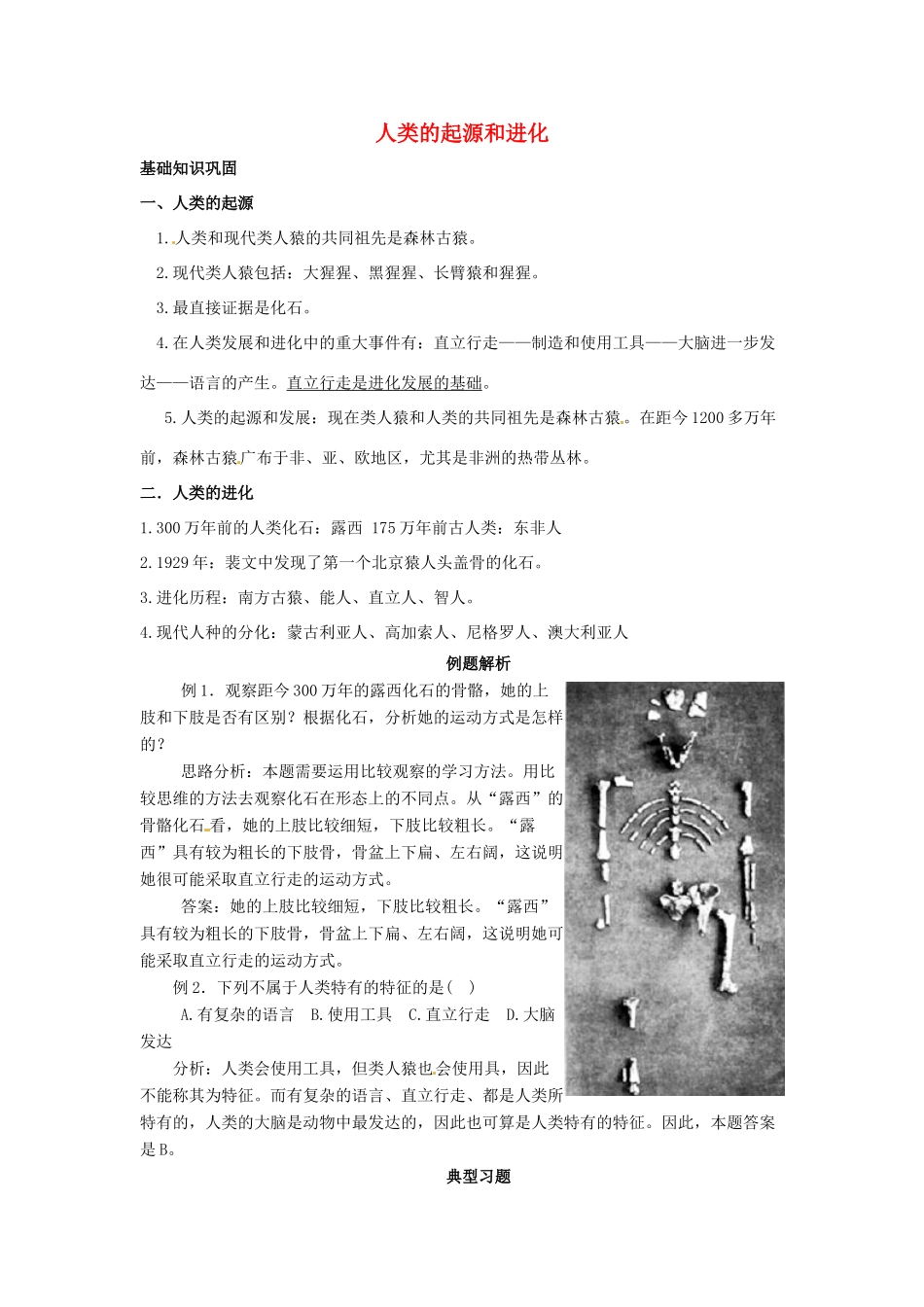 中考生物一轮复习 人类的起源和进化 济南版试卷_第1页