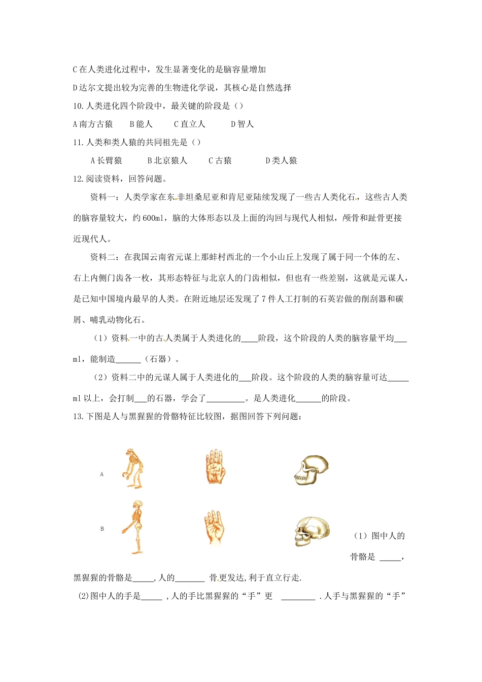 中考生物一轮复习 人类的起源和进化 济南版试卷_第3页