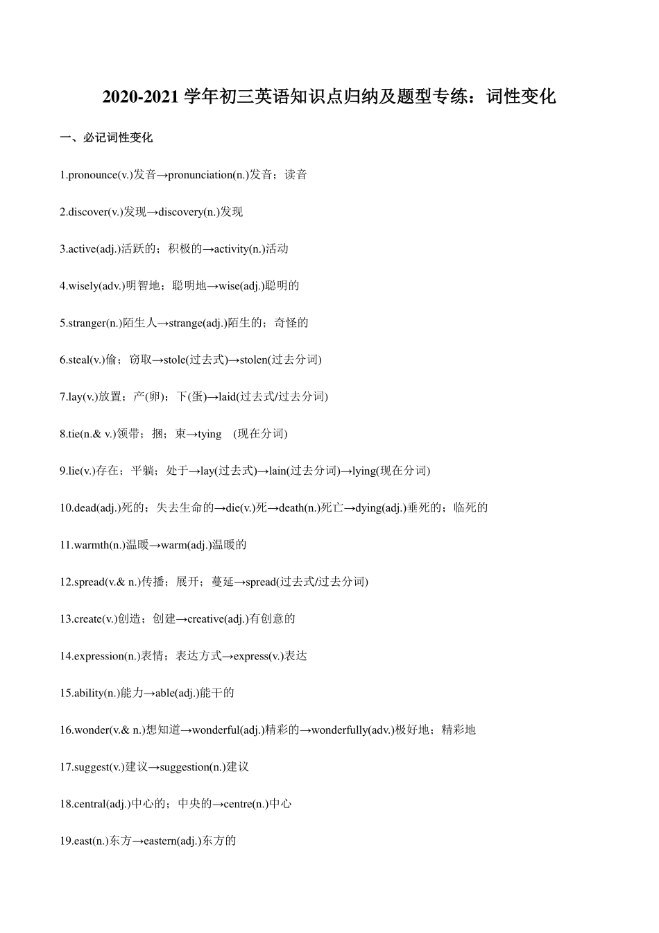 中考英语知识点归纳及题型专练 词性变化(pdf，含解析)试卷_第1页