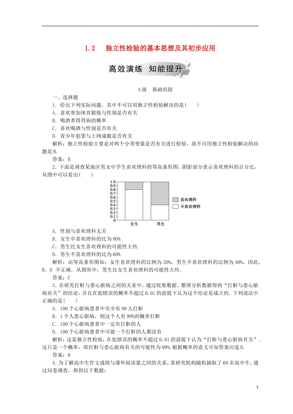 高中数学 第一章 统计案例 1.2 独立性检验的基本思想及其初步应用检测 新人教A版选修1-2-新人教A版高二选修1-2数学试题_第1页
