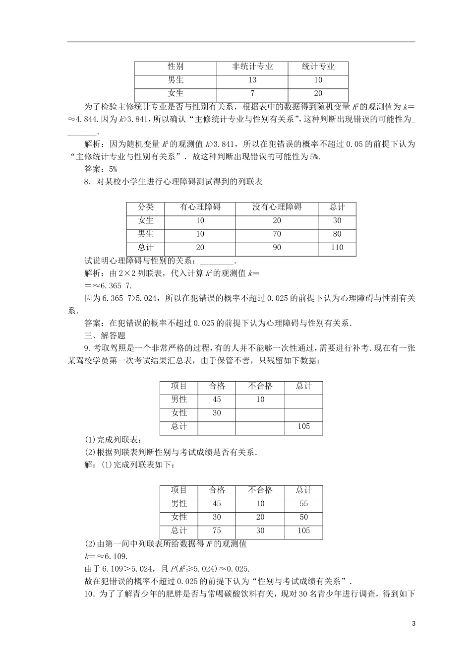 高中数学 第一章 统计案例 1.2 独立性检验的基本思想及其初步应用检测 新人教A版选修1-2-新人教A版高二选修1-2数学试题_第3页