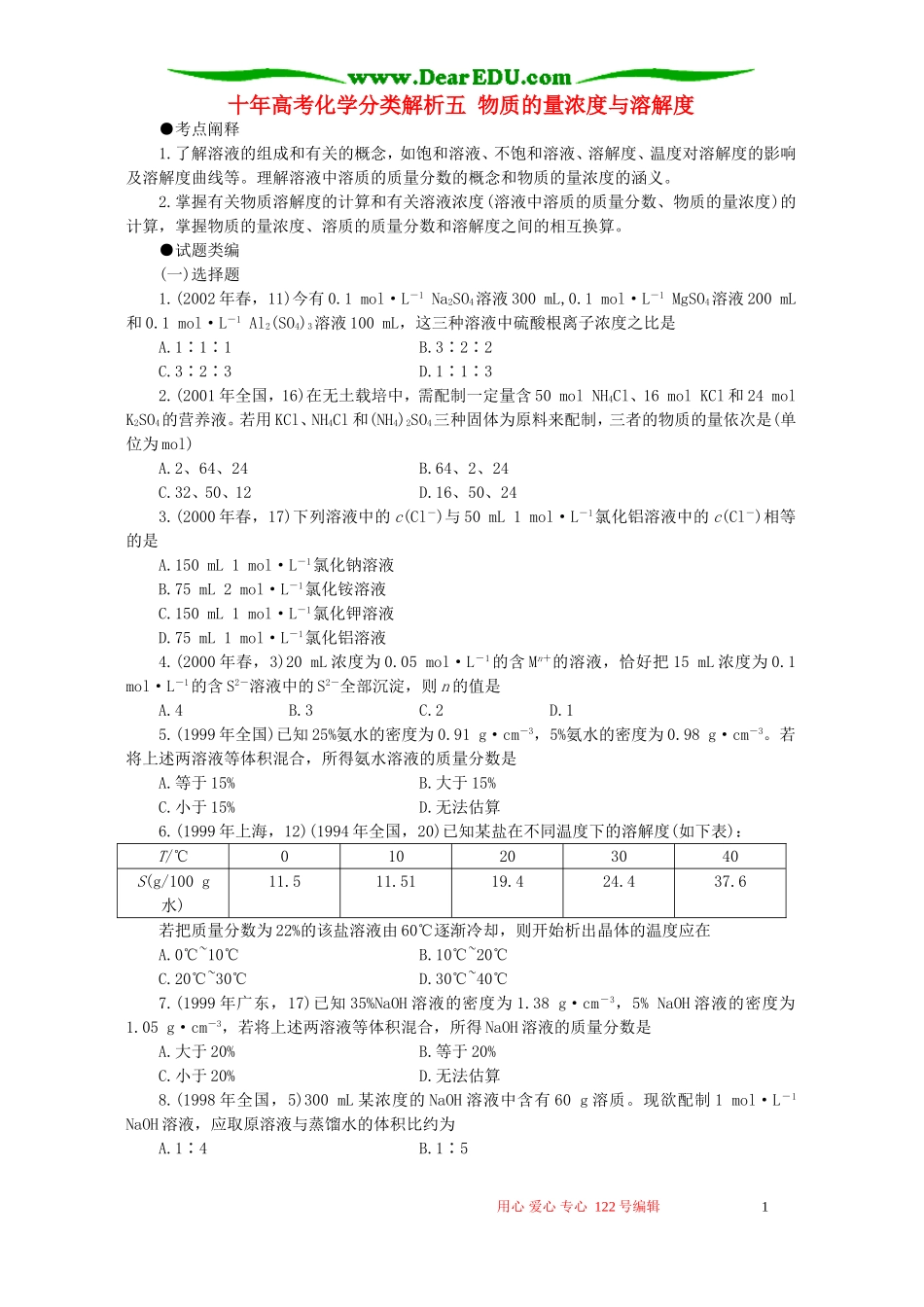 十年高考化学分类解析五 物质的量浓度与溶解度_第1页